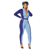 Ribbed Turn Down Collar Contrast Stretchy Jumpsuit(without Belt)