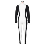 Ribbed Turn Down Collar Contrast Stretchy Jumpsuit(without Belt)