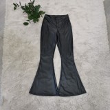 Black Pu Leather Flare Trousers