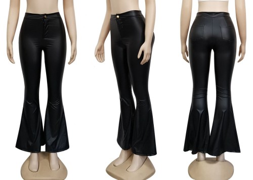 Black Pu Leather Flare Trousers