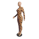 Print Mesh Leopard Patchwork Sexy Bodycon Jumpsuit