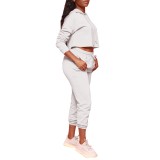Pure Color Hooded Crop Top and Pants Set