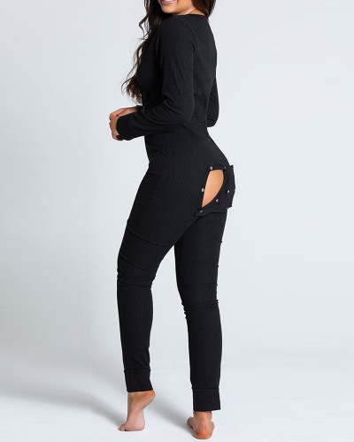 Solid Black Pajamas Jumpsuit Homewear with Butt Flap