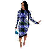 Plus Size Print Blue Cutout Back Midi Dress