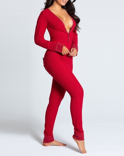 Christmas Solid Red Pajamas Jumpsuit Homewear with Butt Flap