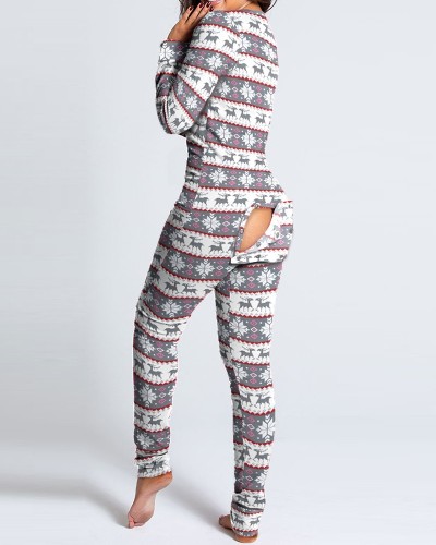 Christmas Print Pajamas Onesie Homewear with Butt Flap