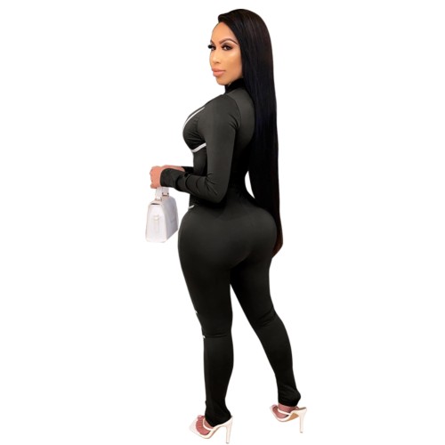 Fitness Contrast Piping Long Sleeve Zip Up Bodycon Jumpsuit