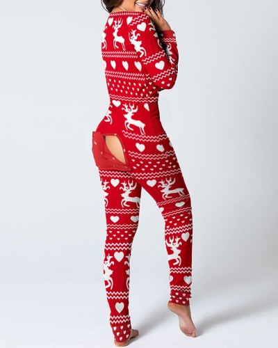 Christmas Deer Print Pajamas Onesie Homewear with Butt Flap