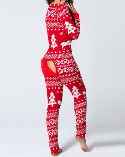 Christmas Tree Print Pajamas Onesie Homewear with Butt Flap