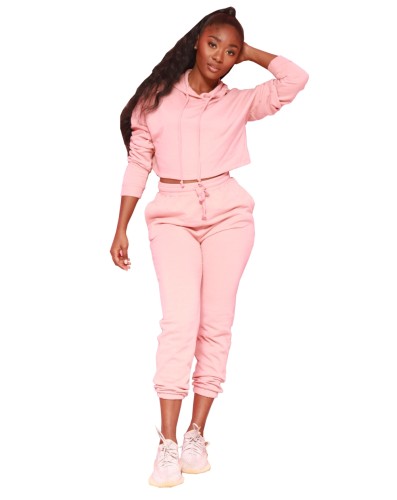 Pure Color Hooded Crop Top and Pants Set