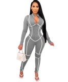 Fitness Contrast Piping Long Sleeve Zip Up Bodycon Jumpsuit