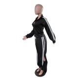 Stripes Trim Ruffle Slit Sides Zipper Tracksuit