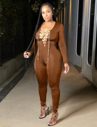Lace Up Sexy Solid Long Sleeve Bodycon Jumpsuit