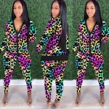 Leopard Print Two Piece Button Up Jacket and Pants Set