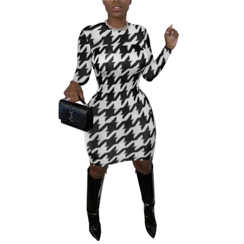 Hot Sale White and Black Print O-Neck Bodycon Dress