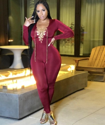Lace Up Sexy Solid Long Sleeve Bodycon Jumpsuit