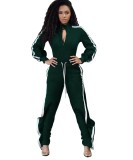 Stripes Trim Ruffle Slit Sides Zipper Tracksuit