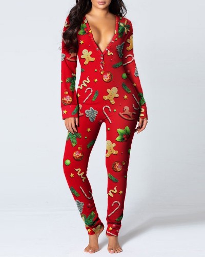 Christmas Print Pajamas Onesie Homewear with Butt Flap