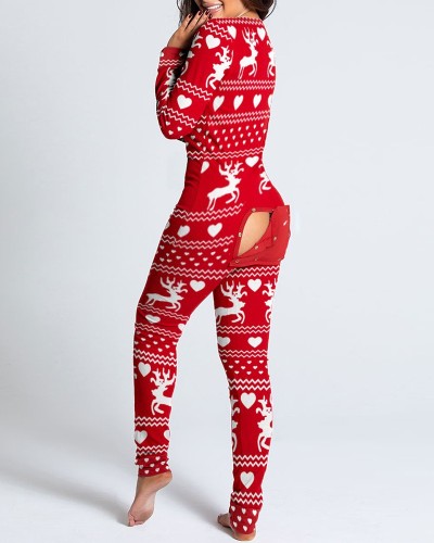 Christmas Deer Print Pajamas Onesie Homewear with Butt Flap