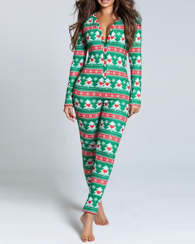 Christmas Print Green Pajamas Onesie Homewear with Butt Flap