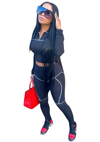 Fitness Print Tight Crop Top and High Waist Pants Set
