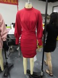 Red Bishop Sleeve V Back Ruched Mini Dress