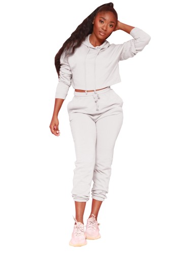 Pure Color Hooded Crop Top and Pants Set