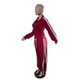 Stripes Trim Ruffle Slit Sides Zipper Tracksuit