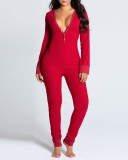 Christmas Solid Red Pajamas Jumpsuit Homewear with Butt Flap