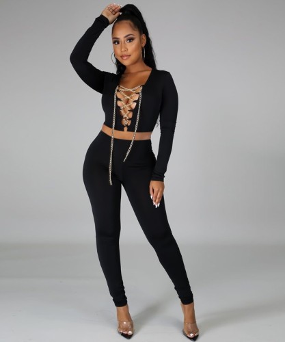 Sexy Lace Up Crop Top and Pants Two Piece Set