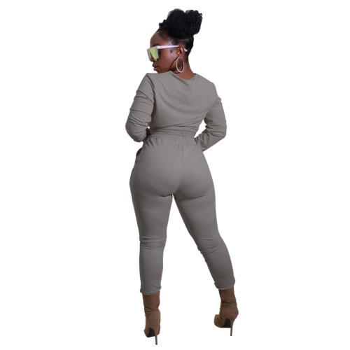 Plain Color Long Sleeve Top and Pants Two Piece Set
