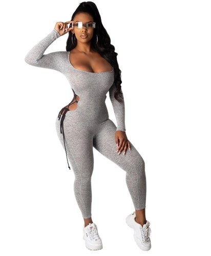 Hollow Out Lace Up Solid Bodycon Jumpsuit