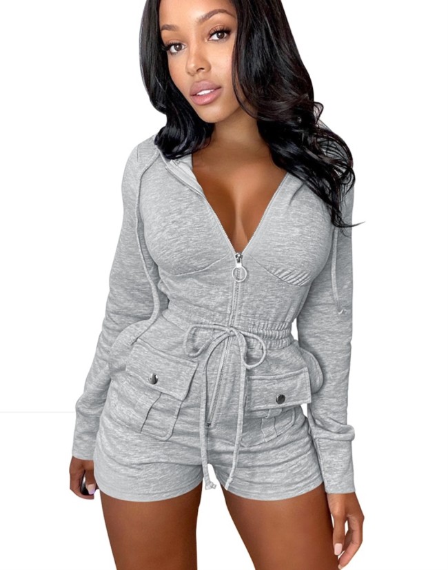 Solid Color Zipper Drawstring Hooded Rompers