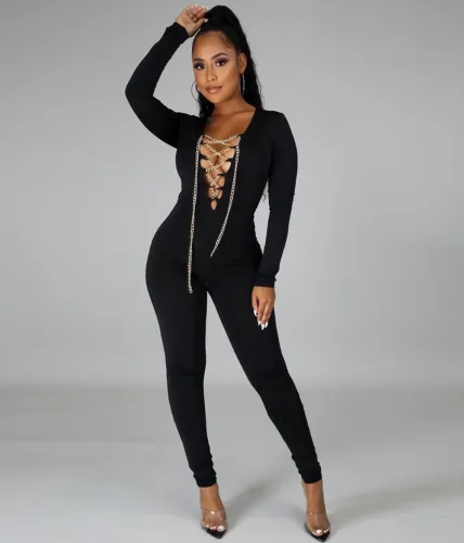 Lace Up Sexy Solid Long Sleeve Bodycon Jumpsuit