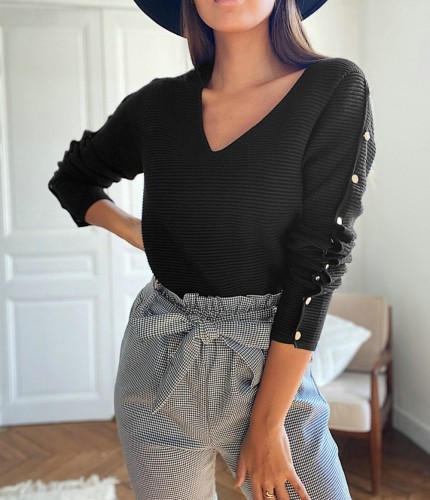 Solid V-Neck Top with Button Trim Sleeves