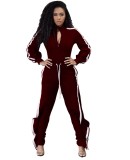 Stripes Trim Ruffle Slit Sides Zipper Tracksuit