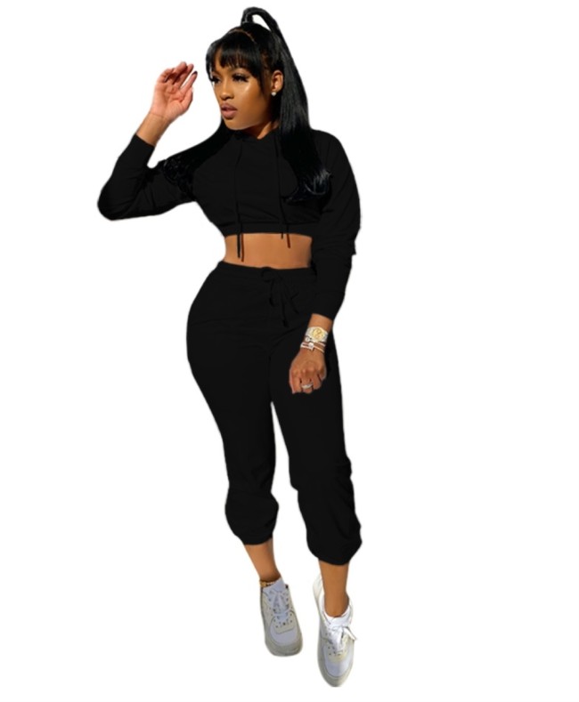 Solid Crop Top and Pants Set Hooded Sweatsuit