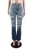 Blue Gradient High Waist Ripped Jeans