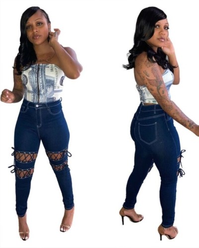 Hot Sale Blue Lace Up High Waist Tight Jeans