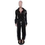 Stripes Trim Ruffle Slit Sides Zipper Tracksuit