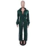 Stripes Trim Ruffle Slit Sides Zipper Tracksuit