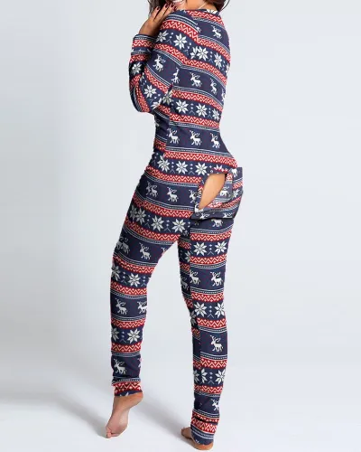 Christmas Print Navy Pajamas Onesie Homewear with Butt Flap