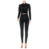 Black Fitted Crop Top and Pants Two Piece Outfits