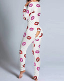 Lip Print Pajamas Jumpsuit Homewear with Butt Flap