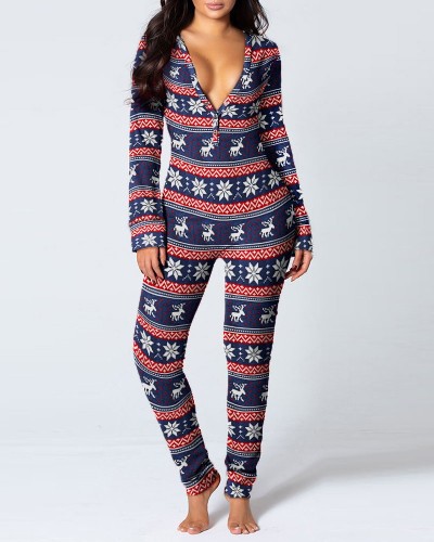 Christmas Print Navy Pajamas Onesie Homewear with Butt Flap