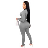 Fitness Contrast Piping Long Sleeve Zip Up Bodycon Jumpsuit