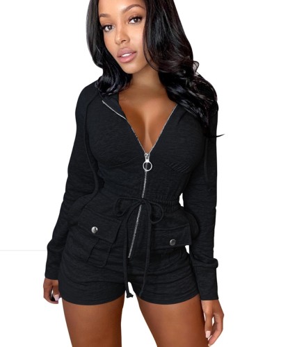 Solid Color Zipper Drawstring Hooded Rompers