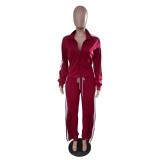 Stripes Trim Ruffle Slit Sides Zipper Tracksuit