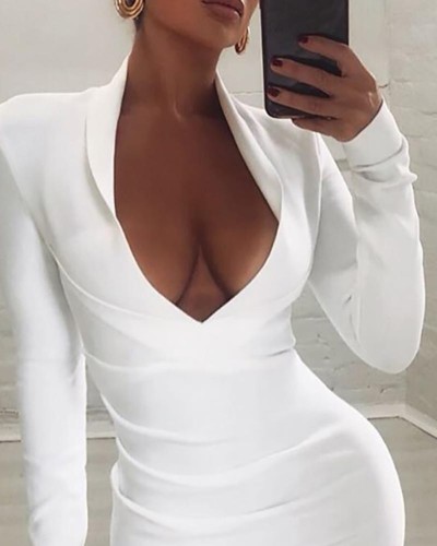 Hot Sale White Formal V-Neck Ruched Mini Dress