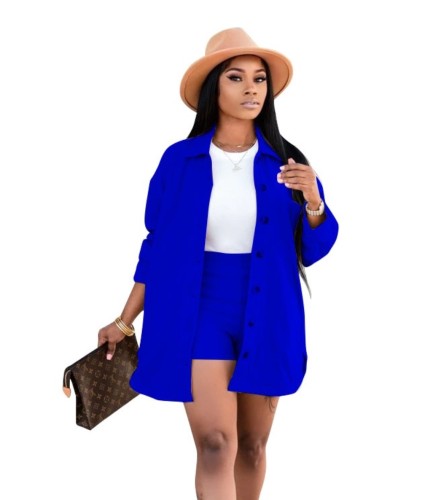 Casual Solid Pure Button Blouse and Shorts Set